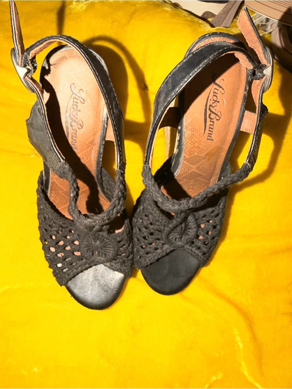 Lucky Brand Women's Black Crochet Peep-Toe Wedges